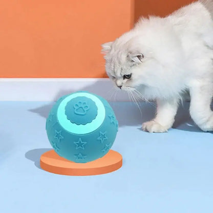 Blue smart ball cat toy with paw print for active exercise and fun. Rechargeable design