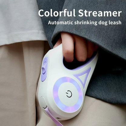 Automatic shrinking dog leash with colorful streamer and collar spotlight automatic feature