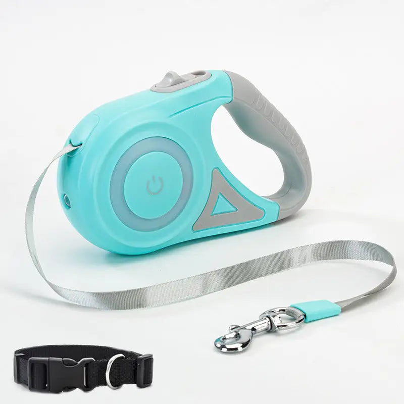 Turquoise retractable dog leash with black collar spotlight automatic feature