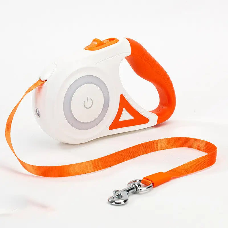 Orange and white retractable dog leash with collar spotlight automatic feature