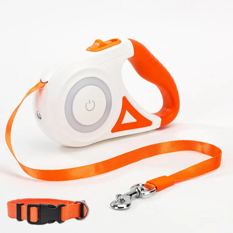 Orange and white dog leash retractable with matching collar spotlight automatic feature