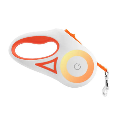 Retractable Dog Leash with Automatic Collar Spotlight Feature in white and orange design