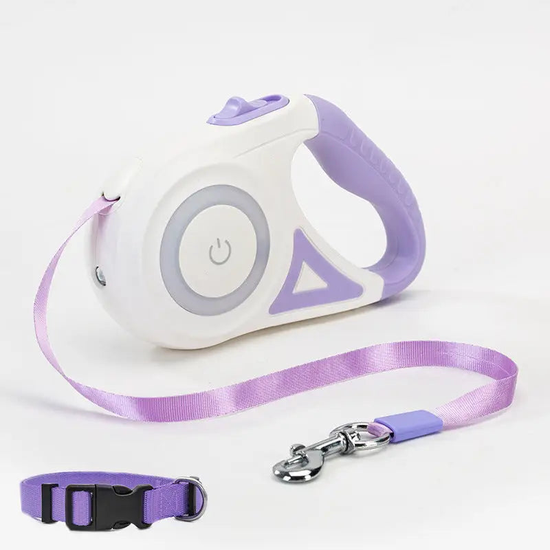 Purple and white dog leash retractable with matching collar spotlight automatic feature