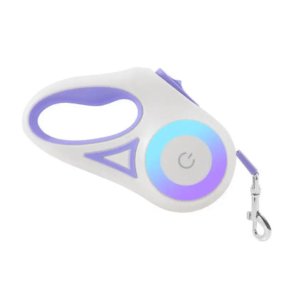 White and lavender dog leash retractable with collar spotlight automatic feature