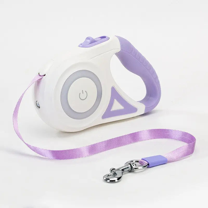 White and lavender dog leash retractable with collar spotlight automatic feature