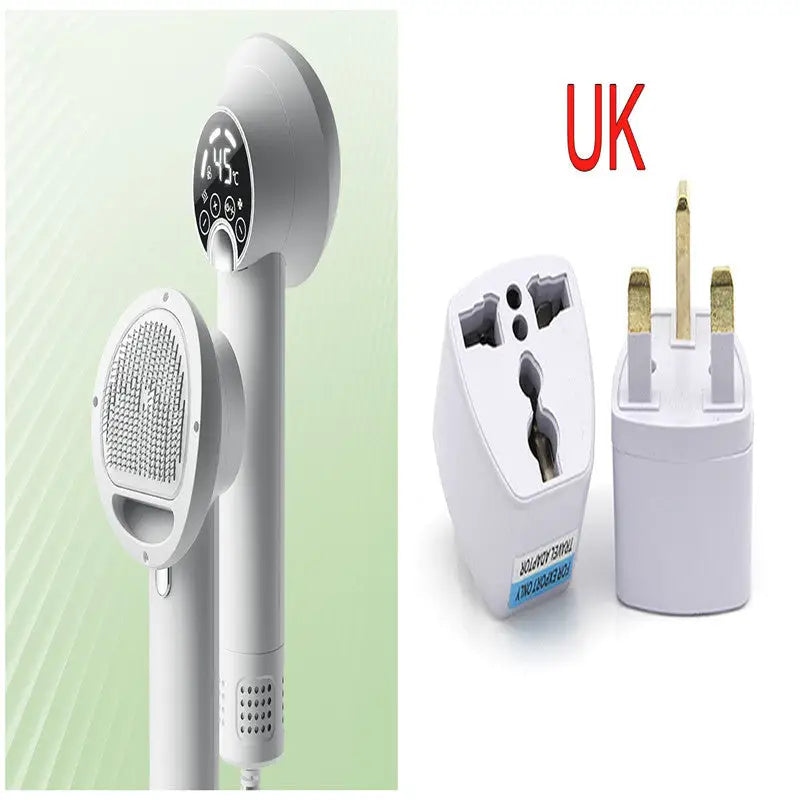 White handheld massager with UK plug adapters for pet hair dryer and cat grooming