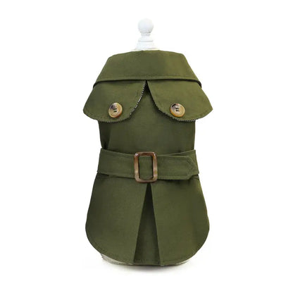 Olive green dog trench coat from the Three Color Windbreaker for trendy dog clothes