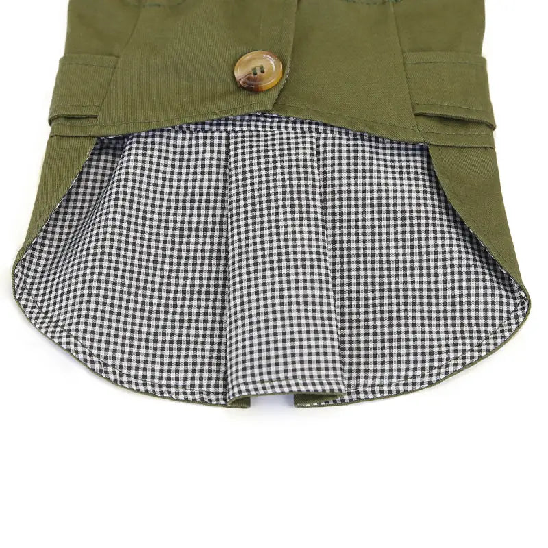 Olive green dog coat with checkered lining from Three Color Windbreaker collection